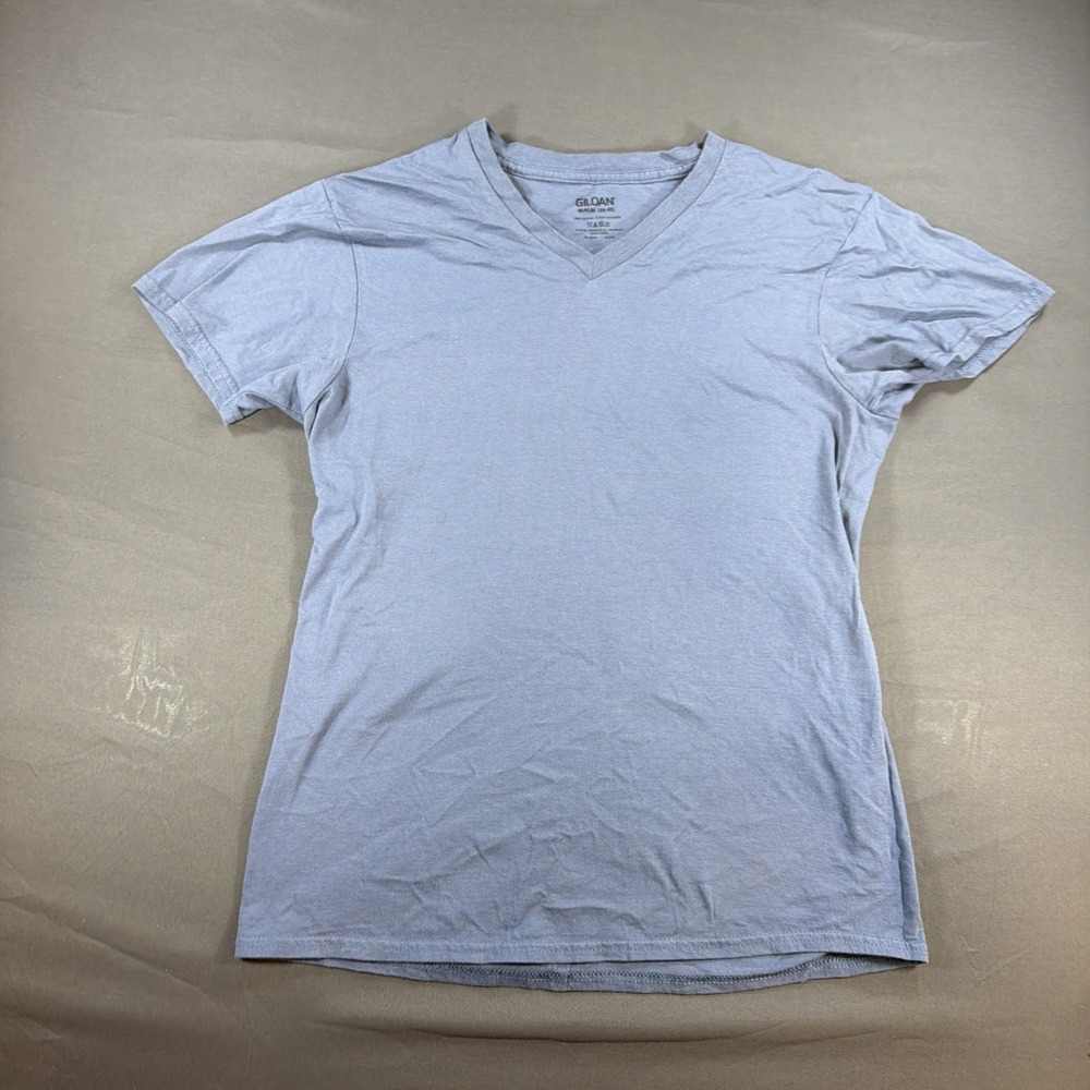 light blue Gildan short-sleeve V-neck t-shirt